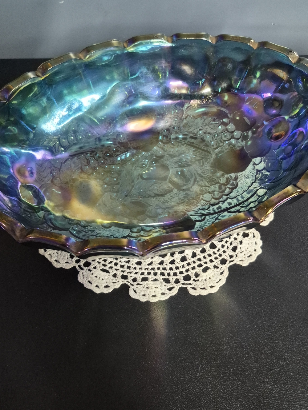 Iridescent Blue Green Carnival Glass Footed Bowl